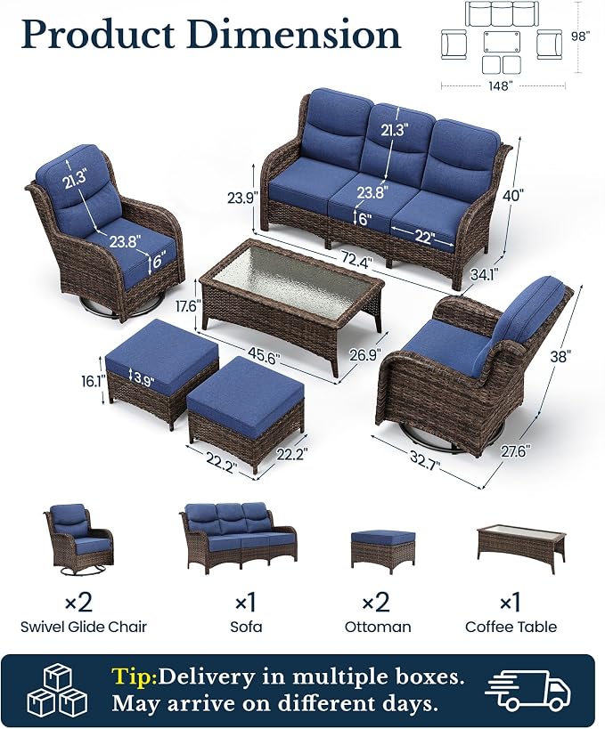 HILLGA Luxury High Back Patio Furniture Set with 6-Inch Thick Cushion, 6-Piece Outdoor Conversation Set with Sofa, Swivel Rocker Chairs & Ottomans, Ideal for Porch Pool Deck Yard (Blue)