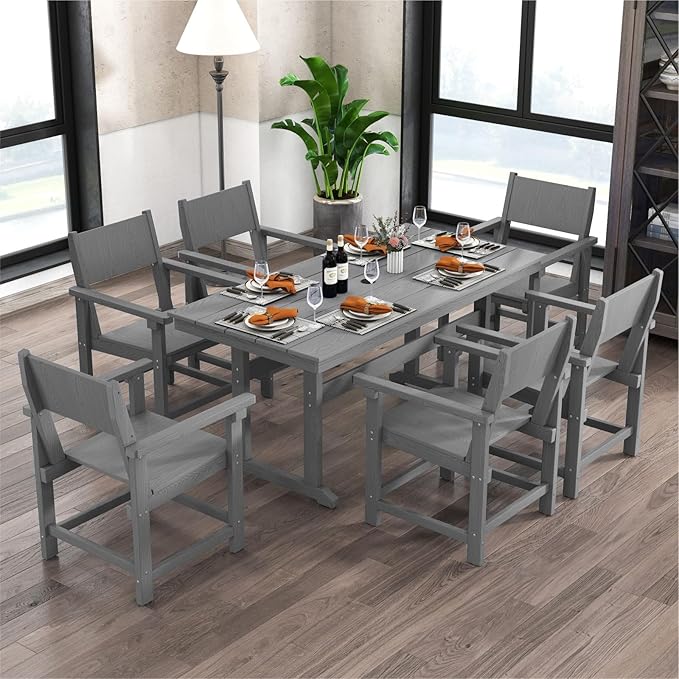 7-Piece HDPE Outdoor Patio Dining Set,Outdoor Table and Chairs,Modern Plastic Dining Sets with Umbrella Hole Cut-Out Table and 6 Chairs Gray