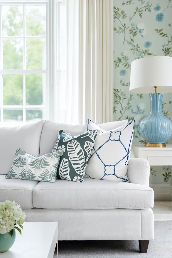 Hofdeco Premium Coastal Hampton Patio Indoor Outdoor Throw Pillow Cover Only, 20"x20" Water Repellent for Backyard, Couch, Poolside, Forest Green Print Palm Leaves and Hisbucs Flowers