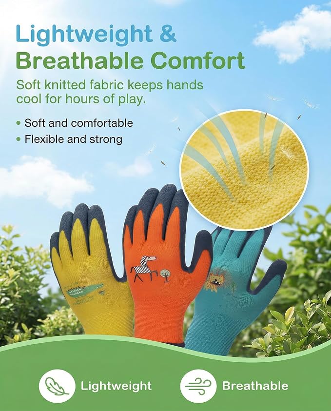 3/6 Pairs Kids Gardening Gloves, Skin-Friendly Rubber Coated Childrens Garden Gloves, Toddler Work Gloves Boys Girls