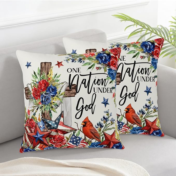 Patriotic Throw Pillow Covers 4th of July Memorial Day Pillow Covers 16x16 Set of 2 Stars Stripes Pillow Cases Floral Cross American Flag Cushion Case for Home Bedroom Living Room