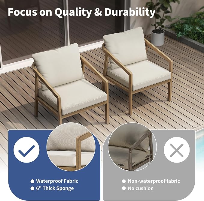 Patio Sofa Chairs Set of 2, Never-Rust Aluminum Outdoor Club Chairs with Washable Thick Cushions, All-Weather Modern Armchair Set for Porch, Deck, Garden, Backyard (Brown+Beige)