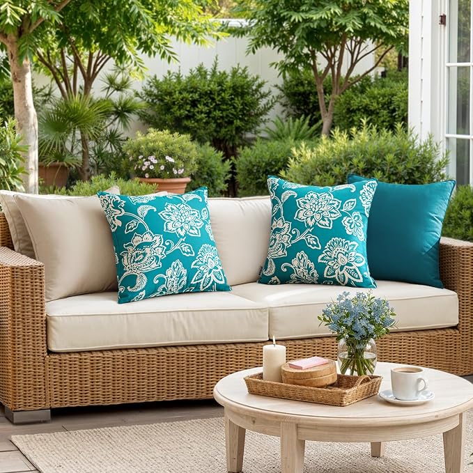 Decorative Outdoor Floral Pillow Covers Set of 2 18x18 Teal Blue | Waterproof Boho Farmhouse,Decorative Throw Pillow Covers,Summer Coastal Accent Pillowcases,Patio Furniture Garden Sofa
