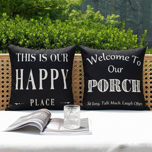 Black and White Welcome to Our Porch Outdoor Pillow Covers Waterproof 18x18 Set of 2, Decorative Farmhouse Outdoor Throw Pillows 18 x 18, Back Porch Decor Patio Furniture Pillows (Without Inserts)