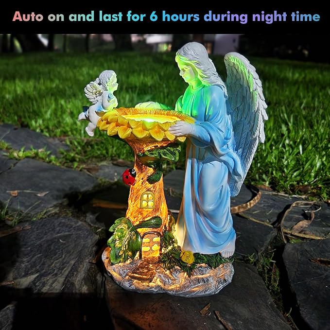 Voveexy Solar Garden Statue, Angel Outdoor Decor with Color Changing Light Garden Figurine Sunflower Outdoor Statue Waterproof Sculpture Lawn Ornament for Patio Backyard Christmas Birthday Present