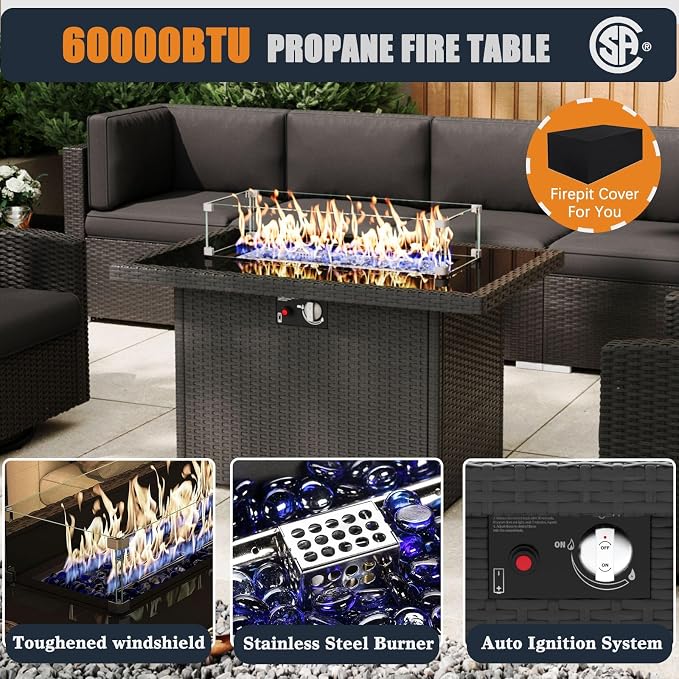 Patio Furniture Set with Fire Pit Table, 13 Pieces Outdoor All-Weather Wicker Conversation Sectional Chair Sofa Set with 4 Swivel Chairs