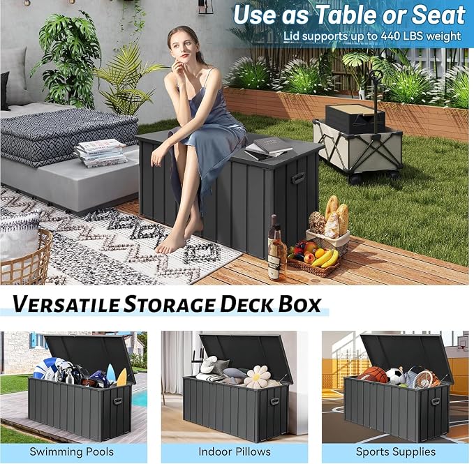 GOWE 190 Gallon Metal Deck Box, Waterproof Steel Outdoor Box, Large Patio Furniture Storage Cabinet, Lockable Storage Bench for Porch Package Delivery, Pillows, Cushions, Pool, Tools, Backyard, Grey
