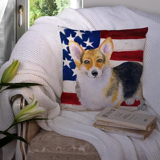 Caroline's Treasures BB9642PW1414 Pembroke Corgi Patriotic Fabric Decorative Pillow Machine Washable, Indoor Outdoor Decorative Pillow for Couch, Bed or Patio, 14Hx14W