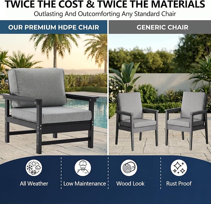 4-Piece Outdoor Patio Furniture Set, Modular HDPE Conversation Set with Loveseat, 2 Armchairs & Large Coffee Table, Waterproof & UV-Resistant Outdoor Sofa with Cushions for Garden