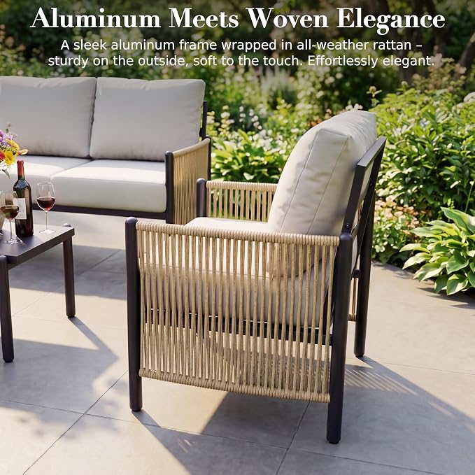 Aluminum Patio Furniture Set, 4 Seats Outdoor Patio Furniture with Coffee Table, Outdoor Wicker Conversation Sets with Cushion for Backyard, Balcony,Porch,Light Grey