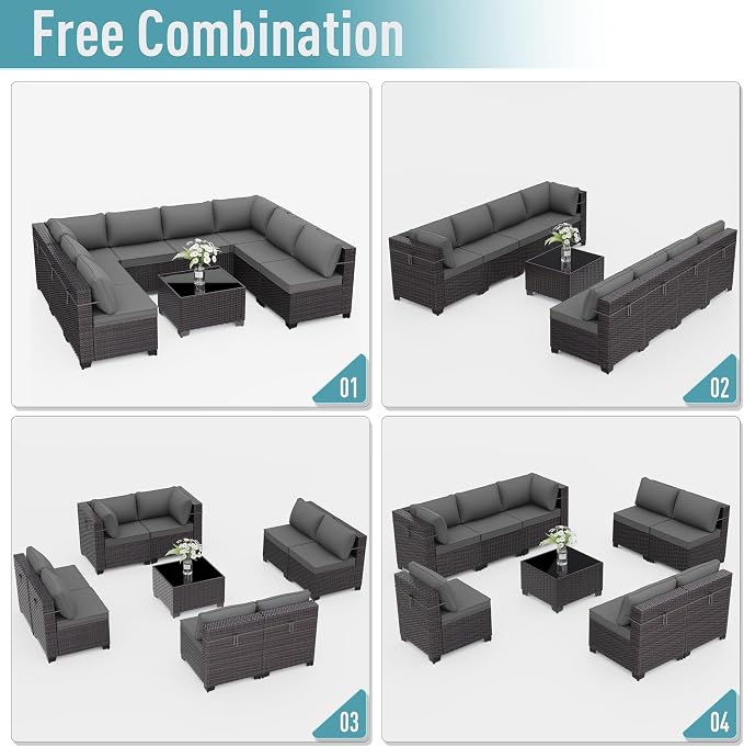 ALAULM 9 Pieces Patio Furniture Set Wicker Patio Conversation Set, Outdoor Sectional Furniture w/Coffee Table & Washable Seat Cushions-Grey