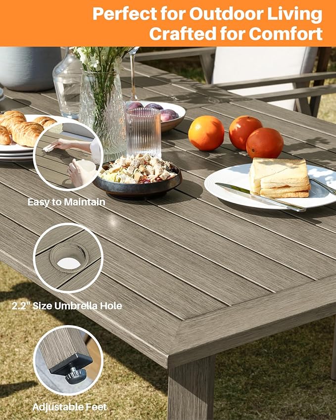 9 Pieces Outdoor Dining Set for 8, Never-Rust Aluminum Patio Dining Set with 2.2" Umbrella Hole, Outdoor Patio Furniture Set with 2 Swivel Chairs for Decks, Garden, Backyard, Limed Oak