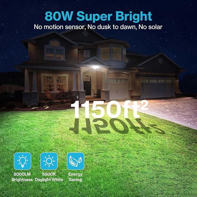 Olafus 80W Flood Lights Outdoor 2 Pack, Switch Controlled LED Security Lights 8000LM, 6500K Outside Floodlight, IP65 Waterproof Exterior Light Fixture for House, Yard, Garage, Wall/Eave Mount White