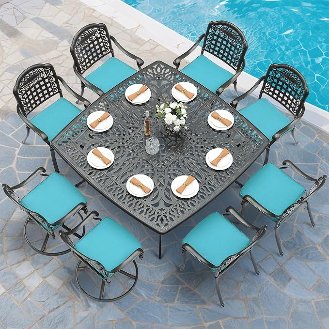 MEETWARM 9-Piece Outdoor Patio Dining Set for 8, All Weather Cast Aluminum Patio Funiture Table and Chairs Set- Large 64" Square Table and 2 Swivel Rocker Chairs, 6 Stationary for Garden, Ocean Blue