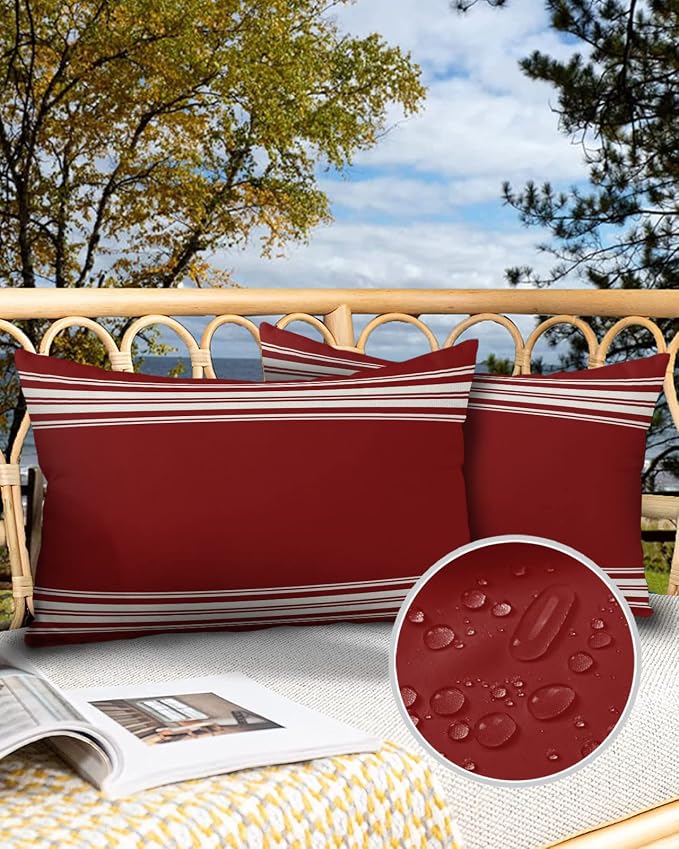 Vandarllin Outdoor Throw Pillows Covers 12X20 Set of 2 Waterproof Burgundy Red Stripe Decorative Zippered Lumbar Cushion Covers for Patio Furniture, French Stripe Farmhouse Style