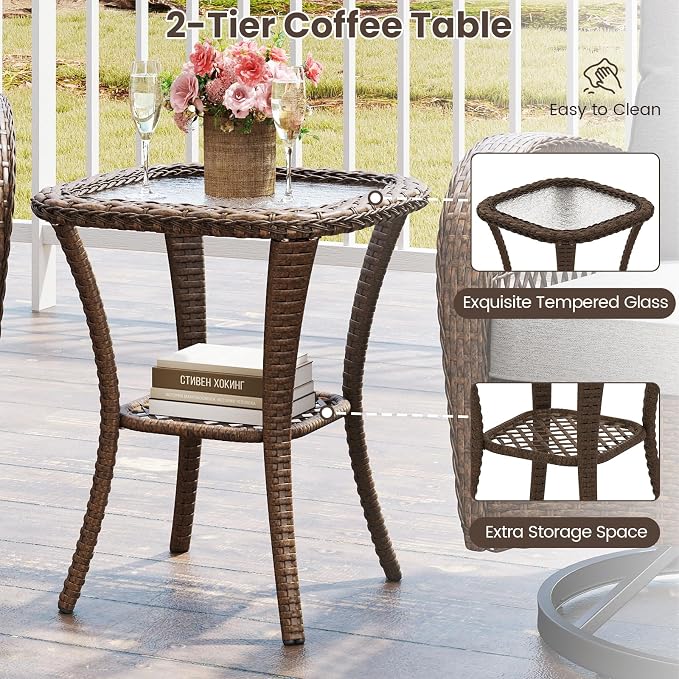 HAPPYGRILL 3 Pieces Outdoor Rattan Swivel Rocker Chairs Set with Tempered Glass Side Table, Outside Sectional Patio Conversation Furniture Set with Swivel Rocking Chairs for Deck Porch Garden (Grey)