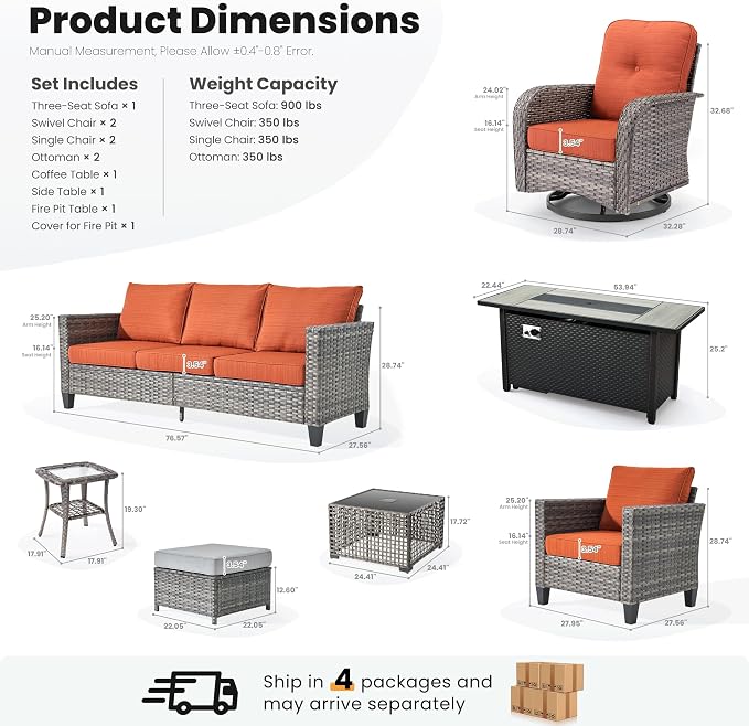ovios 10 Pieces Patio Furniture Set, Outdoor Wicker Sofa Couch with Swivel Glider Chairs Solar Light Table Fire Pit, Modern Deep Seat Rattan Conversation Sets, Orange Red