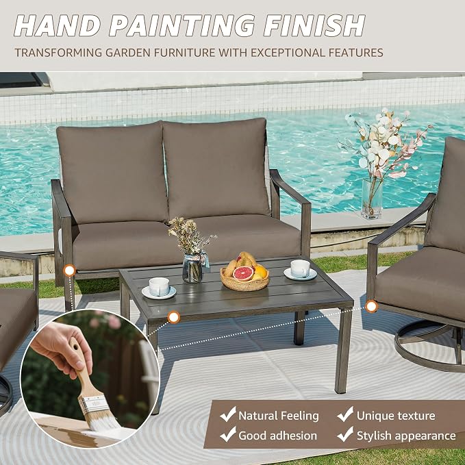 NATURAL EXPRESSIONS Patio Furniture Set,4 Piece Outdoor Conversation Metal Swivel Rocking Chairs Set with Hand-Woven Rope High Back,Sturdy Hand Brushed Wood Grain Finish Frame,6" Cushions for Yard