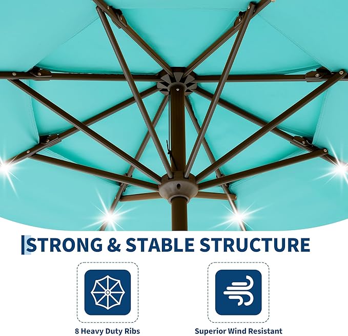 Garvee 9ft 10ft Patio Umbrella with Solar Lights, 3-Tier Umbrella Outdoor Patio with LED Lights, Ventilation, Easy Crank & Tilt, 8 Sturdy Ribs, UV Protection, Large Patio Umbrella for Deck, Pool