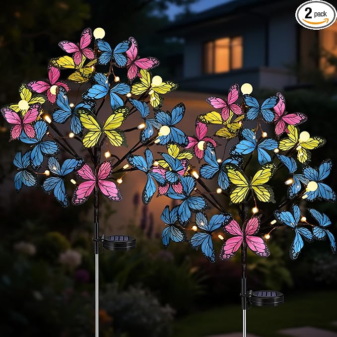 Meagoo Butterfly Solar Lights for Outside, 800mA Whimsical Solar Powered Butterfly Garden Stakes with 20 Butterflies for Outdoor Yard Lawn Flower Garden Cemetery Mothers Day Grave Decorations (2 Pack)