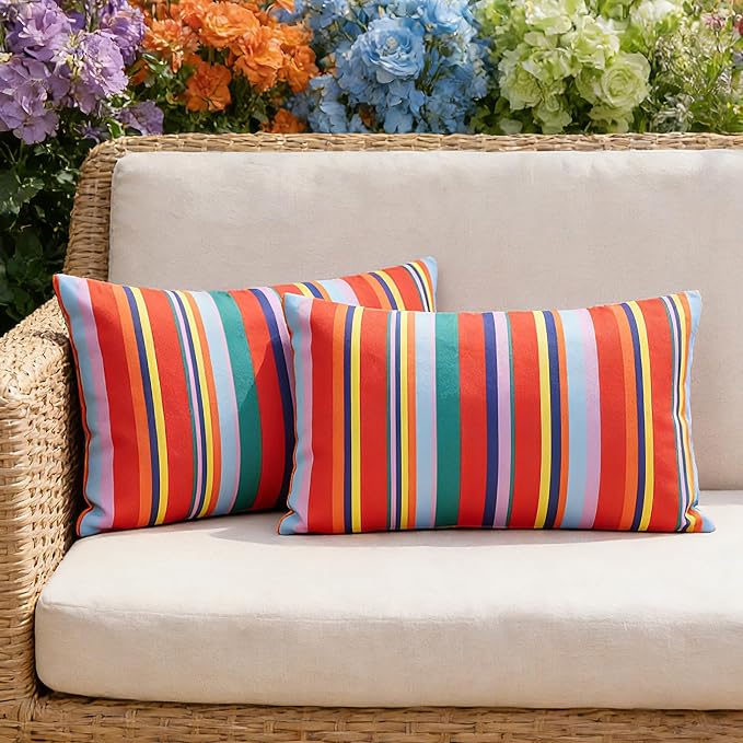 Eternal Beauty 12X20'' Set of 2 Outdoor Decorative Pillow Covers Waterproof Outdoor Pillow Covers for Spring Summer Patio Lumbar Pillows, Red Stripe, 12X20 inches