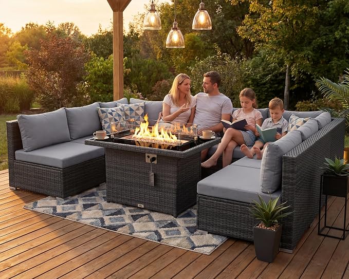 RADIATA 9 Piece Wicker Patio Furniture Set with Fire Pit, All-Weather Outdoor Sectional Couch High Back Large Size, Modular Backyard Seating Sofa Set with Propane/Natural Gas Firepit Table, Light Grey