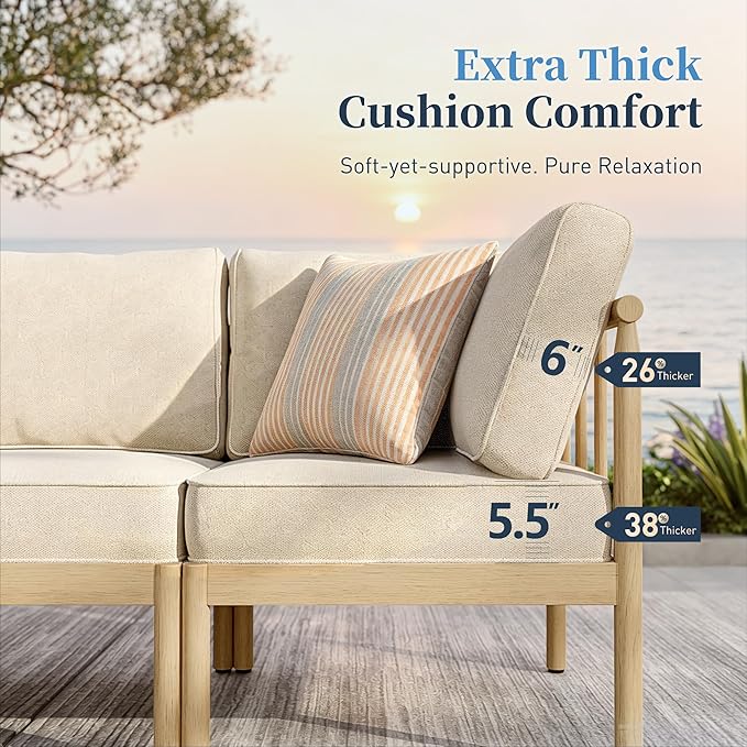 SUNSHINE VALLEY Patio Furniture,Acacia Wood Outdoor Sectional Sofa with 5.5" Ultra-Thick Cushions, L Shaped Modular Patio Conversation Set,Lawn Garden Backyard Couch Set with Nesting Tables,Beige