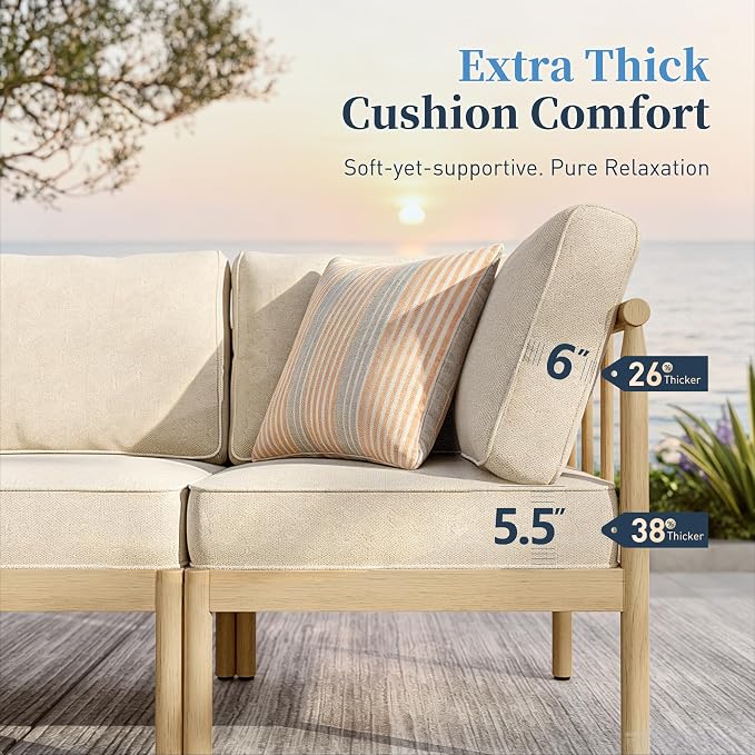 SUNSHINE VALLEY Patio Furniture,Acacia Wood Outdoor Sectional Sofa with 5.5" Ultra-Thick Cushions,Patio Conversation Set,Lawn Garden Backyard Couch Set with Nesting Tables,Beige