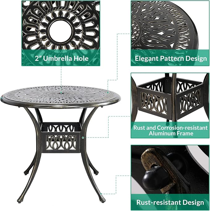 VIVIJASON 5-Piece Outdoor Patio Dining Set, All-Weather Cast Aluminum Conversation Set, Patio Furniture Set for Balcony Lawn Garden Backyard, Include 4 Chairs, a 35.4 inch Round Table w/Umbrella Hole