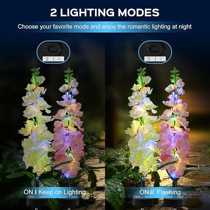 TANSOREN 2 Pack Solar Garden Lights Outdoor, LED Colorful Waterproof Solar Powered Hyacinth Flowers Landscape Lights for Patio, Outside Yard, Pathway Decorative, Décor, Gifts, Two Lighting Modes