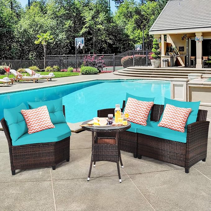 COSTWAY 4-Piece Patio Furniture Set, Wicker Rattan Sofa with Cushions and Coffee Table, Outdoor Sectional Conversation Sofa Set for Poolside Backyard Lawn Backyard (Turquoise)