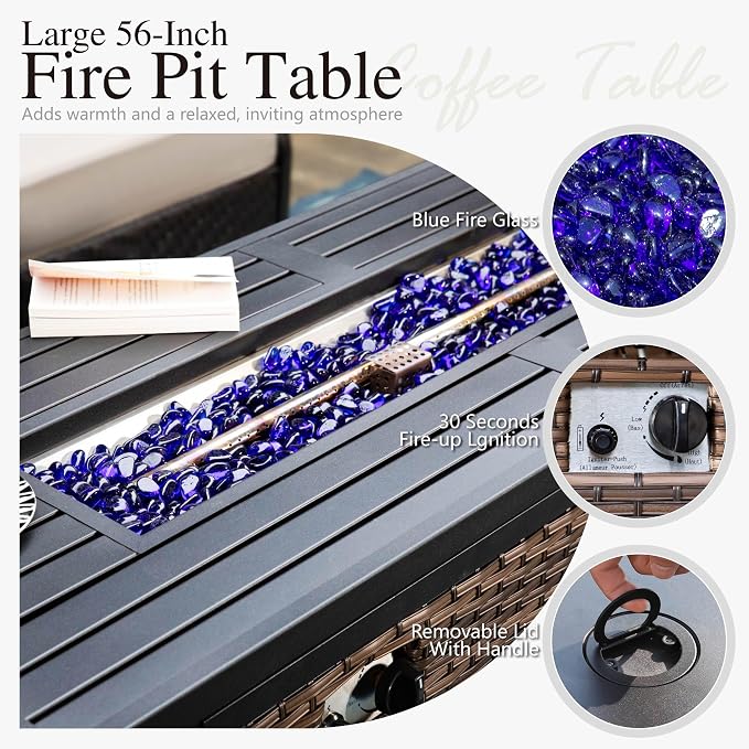 Sophia & William Patio Furniture Set with Fire Pit Table, 4 PCS Metal Outdoor Conversation Set with Fire Pit Table, 2 Sofa Chairs,3-Seater Couch for Outdoor Seating, Backyard, Porch(Beige)