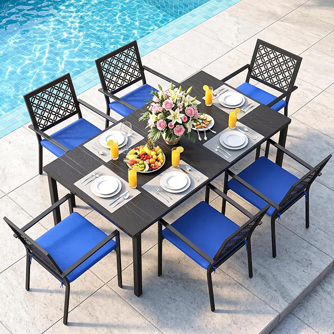 LuxaDomus 7 Piece Outdoor Dining Set, Wood Grain Outdoor Patio Table and Chairs Set, Metal Dining Set with with 6 Spacious Dining Chairs, All Weather Patio Furniture Set for Deck Garden Poolside