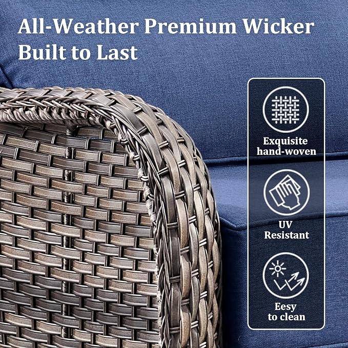 Luxury Outdoor Swivel Rocker Patio Chairs Set of 2 with 6-Inch Thick Cushions, High Back Swivel Patio Chairs Wicker Outdoor Gliders for Porch, Yard, Deck, Poolside, Grey/Blue