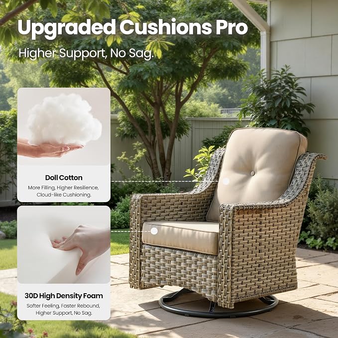 3 Piece Patio Furniture Set, Outdoor High Back Swivel Rocker Chairs Set of 2 with Side Table, All Weather Wicker Glider Chair with Thick Cushions for Backyard Balcony Porch, Beige