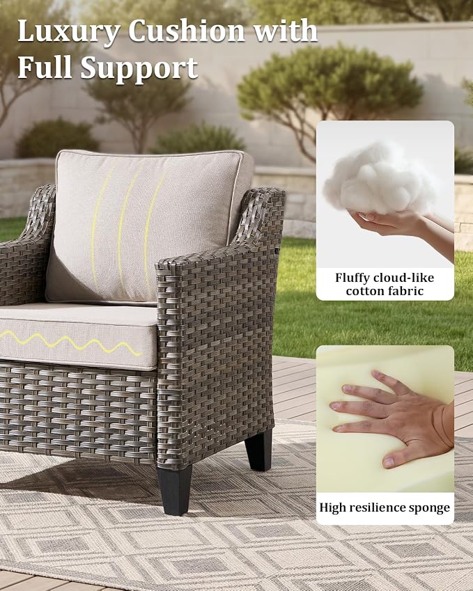 Outdoor Furniture Set of 6, Patio Sofa with Luxury 4" Cushion, Wicker Swivel Rocker Patio Chairs, and Fire Pit Table, High Back&Deep Seat for Garden Deck Porch Balcony Backyard - Beige