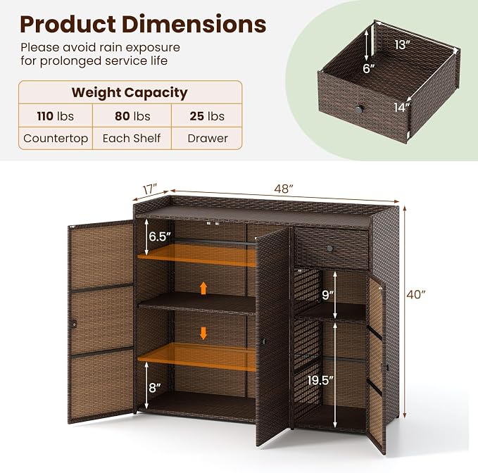Tangkula Rattan Outdoor Storage Cabinet, Patiojoy Outdoor Cabinet with 2 Adjustable Shelves, 1 Drawer, 3 Doors, Patio Storage Deck Box Table for Patio Garden Poolside