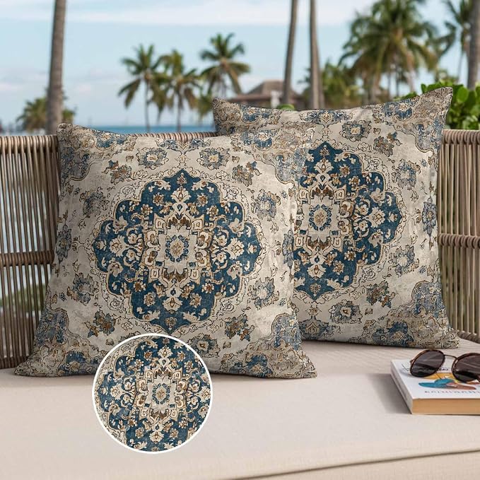 Throw Pillow Covers 20x20 Inch Set of 2, Blue Brown Boho Waterproof Outdoor Pillow Covers, Ethnic Vintage Southwestern Geometric Decorative Cushion Pillowcases for Couch, Sofa, Bed, Garden, Patio