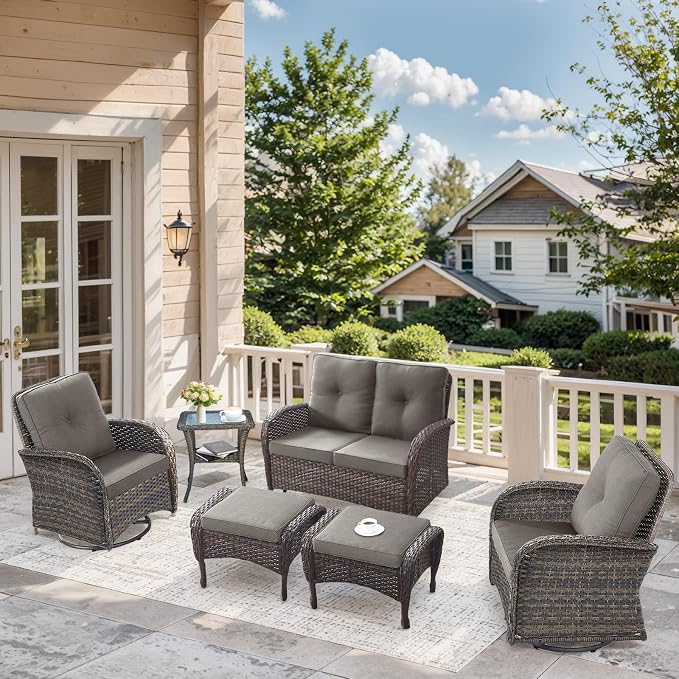 6 Pieces Patio Wicker Furniture Set-Outdoor Swivel Chairs Set of 2 Outdoor Glider Love seat with Outdoor Footstool Patio Furniture for Deck Porch Garden Balcony Poolside-Brown/Grey