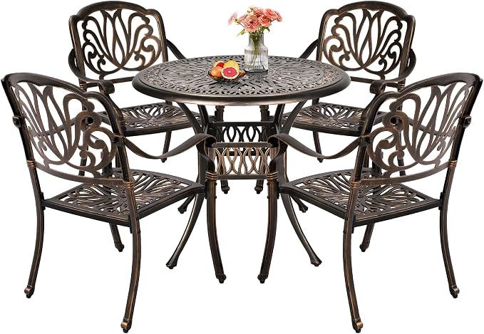 TITIMO 5-Piece Cast Aluminum Outdoor Patio Dining Set, 4 Pattern Chairs and 35.4" Round Table,Cast Aluminum Conversation Set with 2.2” Umbrella Hole (Without Cushions, 1 Round Table + 4 Chairs)