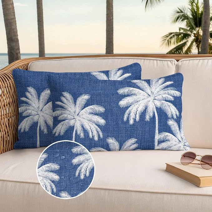 Lumbar Pillow Covers 20x12 Inch Set of 2, Navy Blue Palm Trees Waterproof Outdoor Pillow Covers, Farmhouse Tropical Summer Beach Decorative Cushion Pillowcases for Couch, Sofa, Bed, Garden, Patio