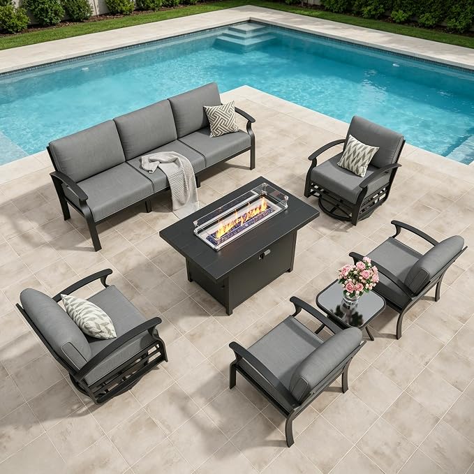 Aluminum Outdoor Patio Furniture Set,7 Seats Patio Conversation Sets with 45" Propane Fire Pit Table,Metal Patio Sectional Furniture Set with 2 Swivel Rocking Chairs,Grey