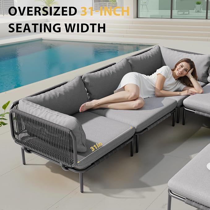 5-Piece Modern Outdoor Sectional Sofa with Coffee Table - 31" Deep Seating Patio Conversation Set, Weather-Resistant Low-Profile 11" Seat Height Lounge Seats for Deck, Porch & Backyard,Grey