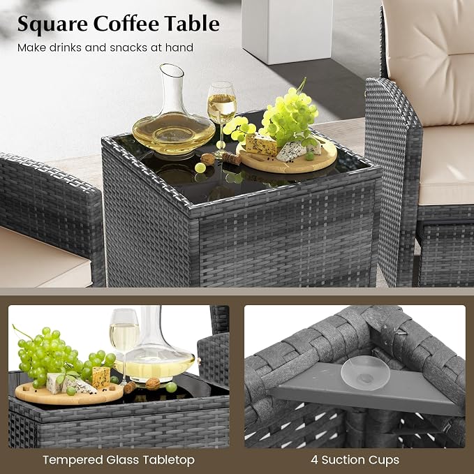 COSTWAY 5-Piece Rattan Conversation Set, Outdoor Wicker Sofa, Tempered Glass Coffee Table & Ottomans for Small Space, Boho Chic Indoor/Outdoor Furniture Set for Poolside, Backyard, Deck (Beige)