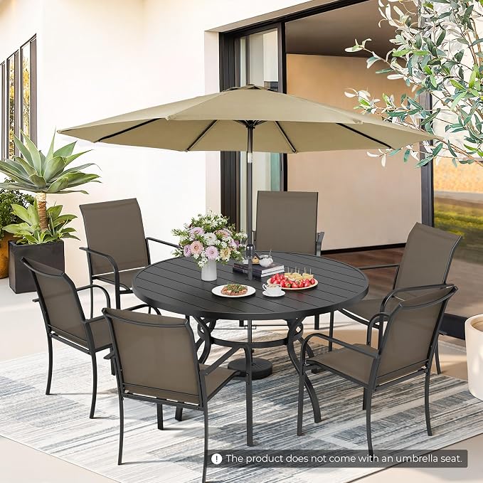 Incbruce 8 PCS Patio Dining Set with Brown Umbrella, Outdoor Dining Set of 6 Textilene Chairs and 53" Round Table with Umbrella Hole for Backyard, Garden, and Poolside (Brown)