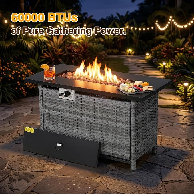5 Piece Patio Furniture Set With Fire Pit Table, 360°Swivel Glider Patio Chairs Set of 2,Cozy 60,000 BTU Rectangular Fire Pit Table,2 Sofas, All-Weather Wicker Patio Set With 6 Inch Cushion for Porch