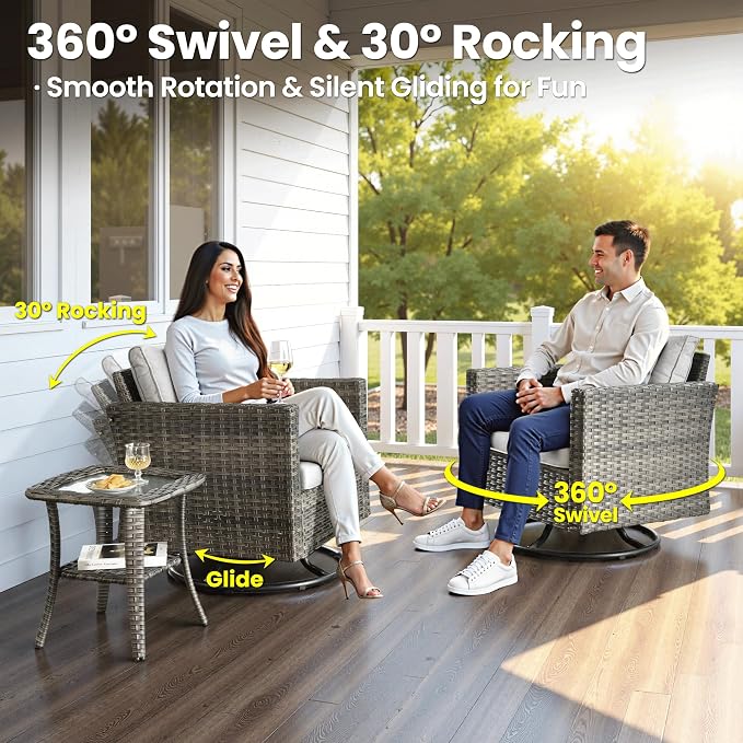 ovios 6 Pieces Patio Furniture Set, Outdoor Wicker Sofa Couch with Swivel Chairs, Rocking Glider Rocker with Comfy Cushions All Weather Rattan Conversation Set, Grey