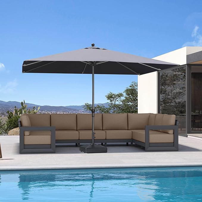 PURPLE LEAF 11.5' x 8' Rectangle Patio Market Umbrella with Base Outdoor Table Umbrellas Aluminum Frame Sun Shade with 8 Sturdy Ribs for Garden Deck Lawn Pool Gray