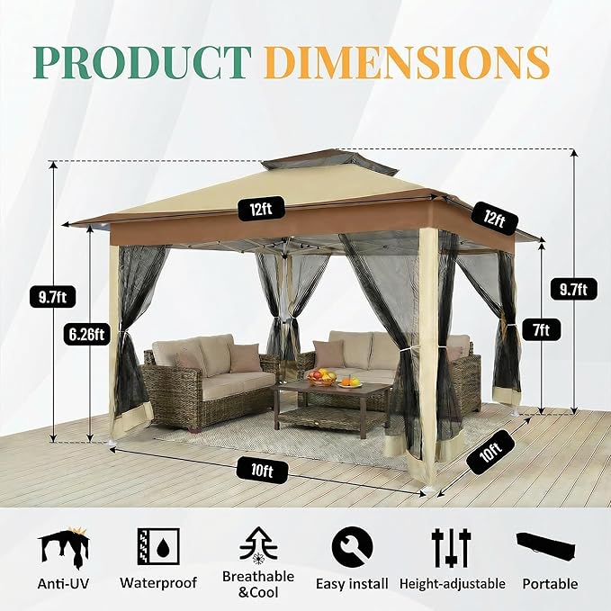 COBIZI 12x12 Pop Up Gazebos On Clearance - Upgrade Easy Up Metal Outdoor Gazebo Waterproof - Portable Gazebo with Mosquito Nettings, 4 Ropes 8 Stakes and Carry Bag for Patio Garden(Khaki)