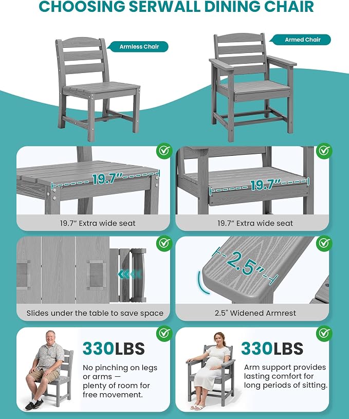 SERWALL 59" Outdoor Dining Set for 4, Light Gray | Include 1 Rectangular Dining Table and 4 Armrest Chairs, All Weather Dining Sets for Garden, Backyard